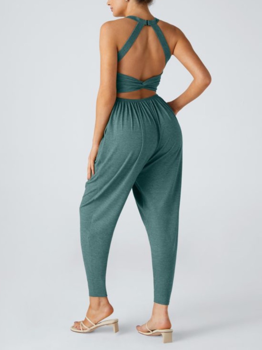 HALARA Jade Green Racerback Jumpsuit with Gathered Waist - Picture 9 of 11